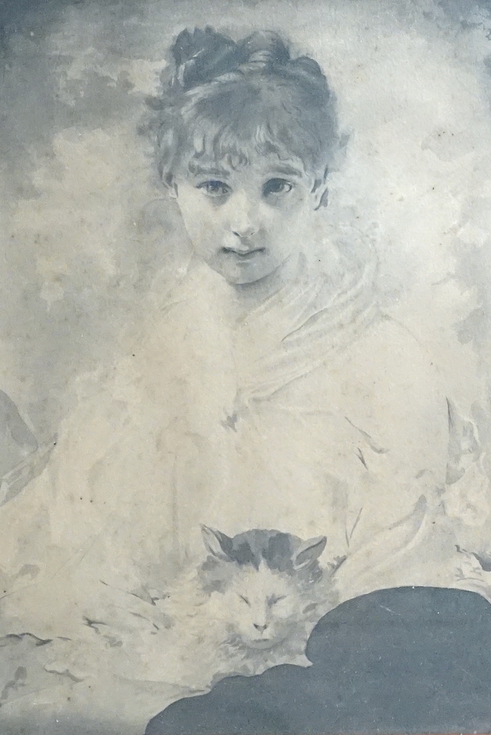 Charles Chaplin (French, 1825 - 1891), monochrome watercolour, Young girl with a cat, 28 x 19cm